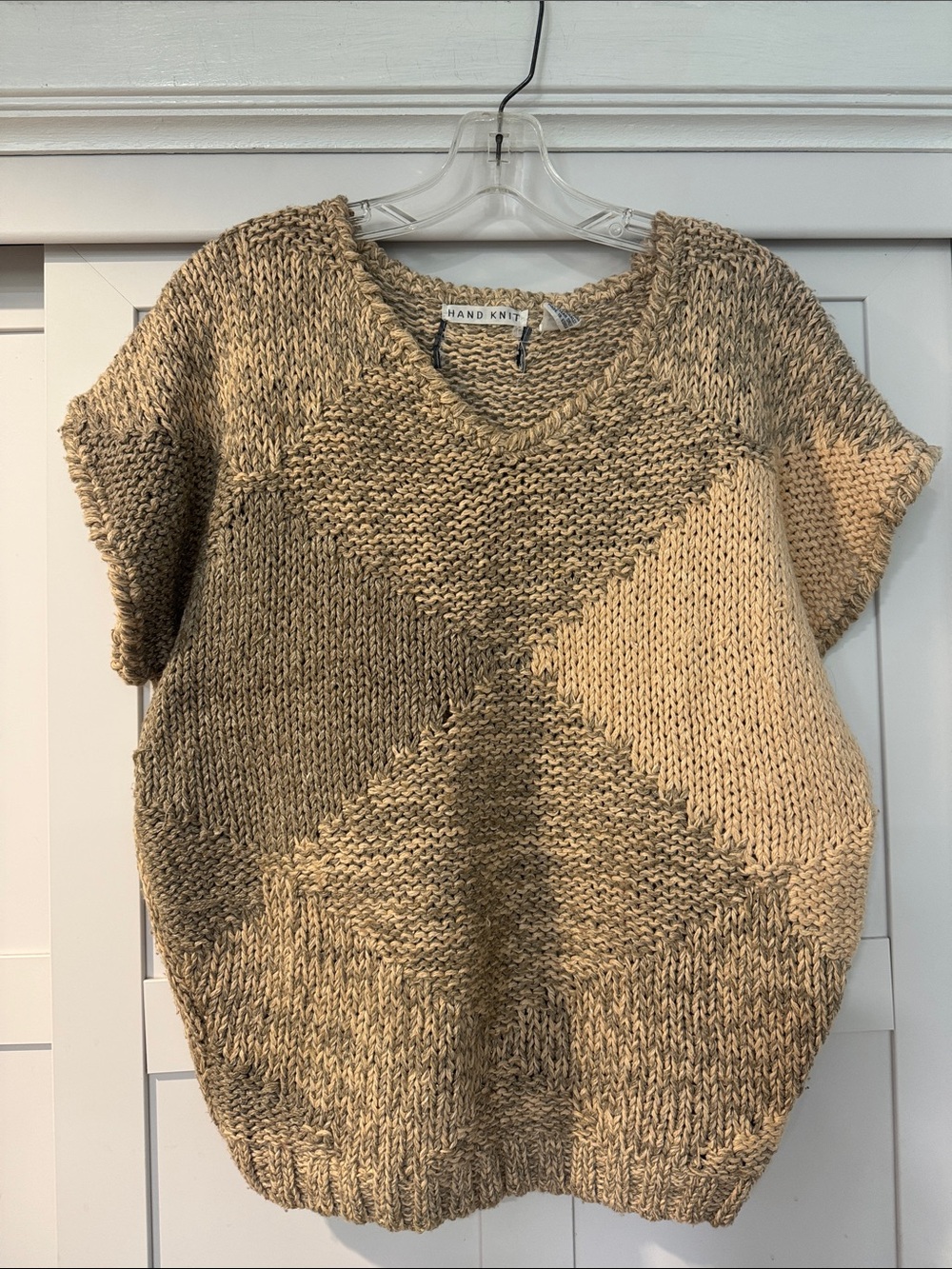 Vintage hand knit Beige Patchwork Short-Sleeve Sweater